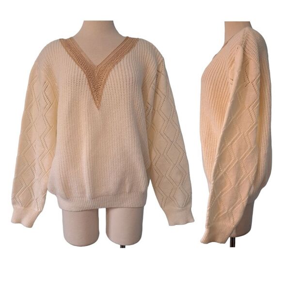 Noracoara Contrast Guipure Lace Drop Shoulder Sweater Biege Size XXL NWT - Picture 1 of 13
